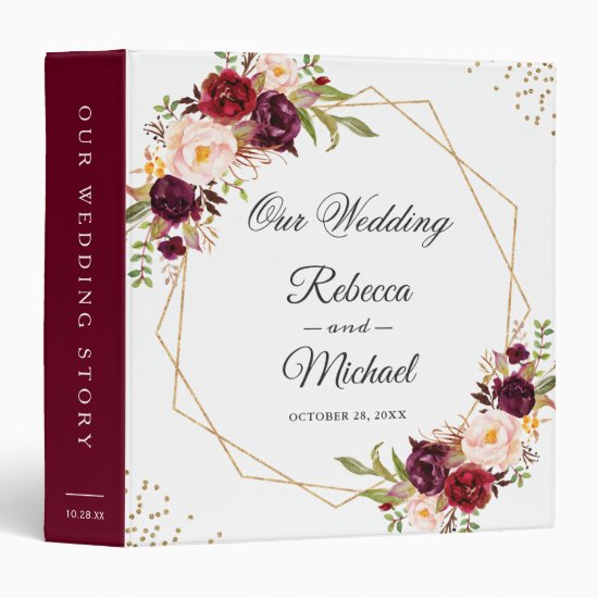 Burgundy Red Floral Gold Geometric Wedding Albums 3 Ring Binder
