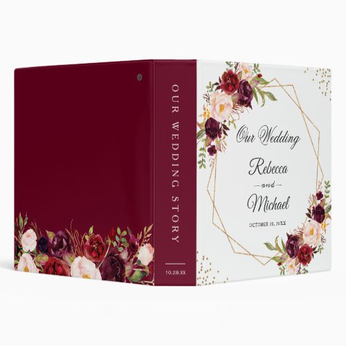 Burgundy Red Floral Gold Geometric Wedding Albums 3 Ring Binder