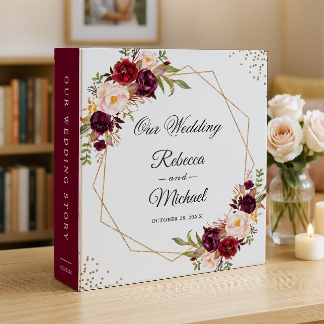 Burgundy Red Floral Gold Geometric Wedding Albums 3 Ring Binder (Creator Uploaded)
