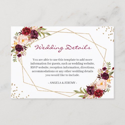 Burgundy Red Floral Gold Geometric Wedding Details Enclosure Card - Burgundy Red Floral Gold Geometric Wedding Details Card. 
(1) For further customization, please click the "customize further" link and use our design tool to modify this template. 
(2) If you prefer Thicker papers / Matte Finish, you may consider to choose the Matte Paper Type. 
(3) If you need help or matching items, please contact me.