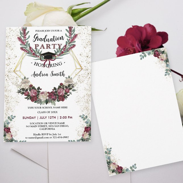 Burgundy Red Floral Gold Glitter Graduation Party  Invitation (Creator Uploaded)