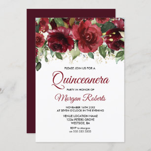 Burgundy Red Floral Gold Glitter Quinceanera Part Invitation
