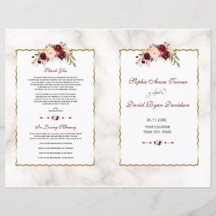 Burgundy Red Floral Gold Marble Wedding Program