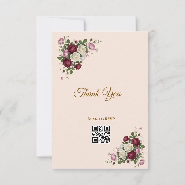 Burgundy Red Floral Gold RSVP QR Code Card (Back)