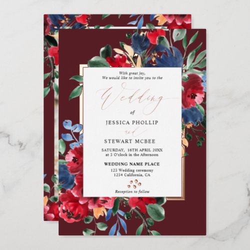 Burgundy red floral gold script photo wedding foil invitation