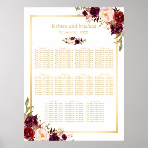 Burgundy Red Floral Gold Wedding Seating Chart