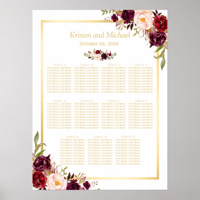 Burgundy Red Floral Gold Wedding Seating Chart (Front)