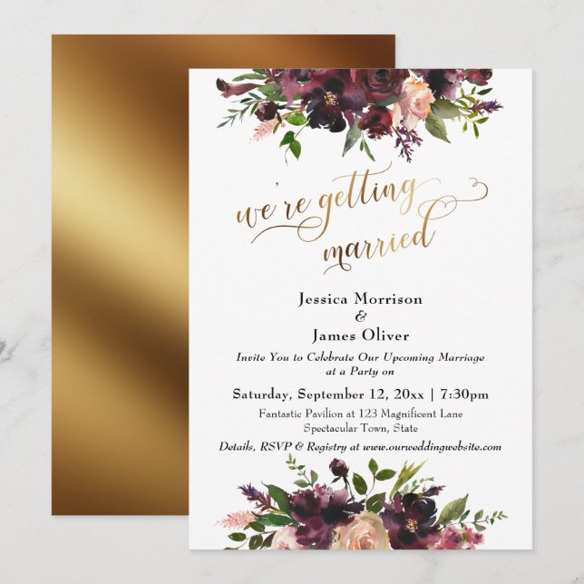 Burgundy Red Floral & Gold We're Getting Married Invitation (Front/Back)
