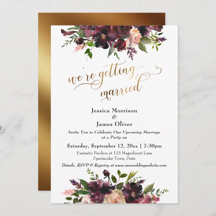 Fancy Getting Married Later Blush /& Burgundy Wedding Card with any Text\u2022Floral Card