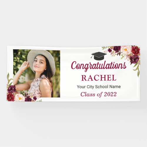Burgundy Red Floral Grad  Photo Graduation Party Banner - Burgundy Red Floral Grad  Photo Graduation Party Banner. For further customization, please click the "customize further" link and use our design tool to modify this template.