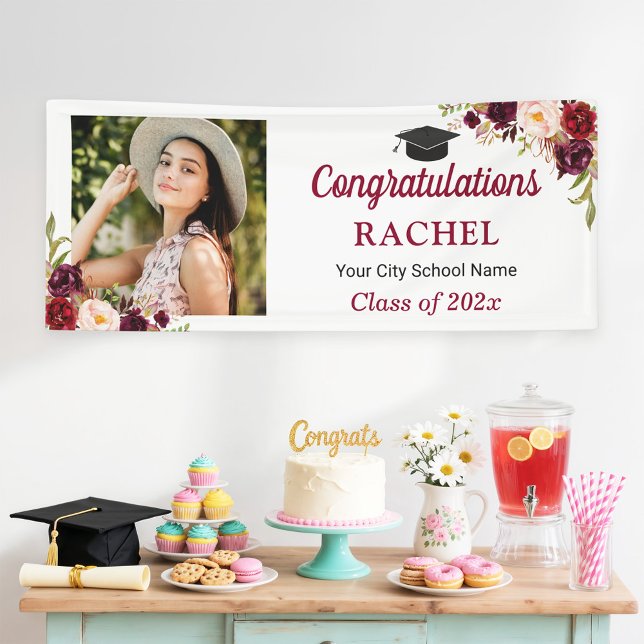 Burgundy Red Floral Grad  Photo Graduation Party Banner (Creator Uploaded)