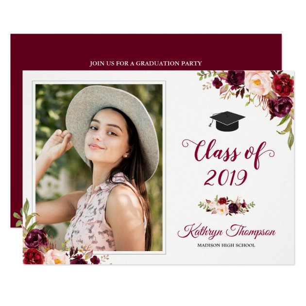 Burgundy Red Floral Grad Photo Graduation Party Card
