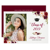 Burgundy Red Floral Grad Photo Graduation Party Invitation