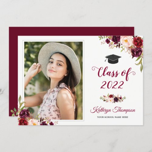 Burgundy Red Floral Grad Photo Graduation Party Invitation - Burgundy Red Floral Grad Photo Graduation Party Announcement and Invitation. 
(1) For further customization, please click the "customize further" link and use our design tool to modify this template. 
(2) If you prefer Thicker papers / Matte Finish, you may consider to choose the Matte Paper Type.