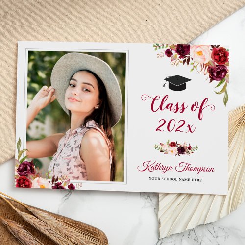 Burgundy Red Floral Grad Photo Graduation Party Invitation