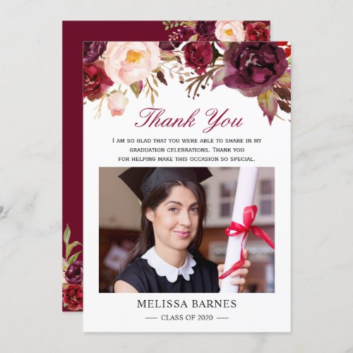 Burgundy Red Floral Graduation Photo Thank You Invitation - Customize this "Burgundy Red Floral Graduation Photo Thank You Card" to express your appreciation to your guests, friends and family. 
(1) For further customization, please click the "customize further" link and use our design tool to modify this template. 
(2) If you prefer Thicker papers / Matte Finish, you may consider to choose the Matte Paper Type. 
(3) If you need help or matching items, please contact me.