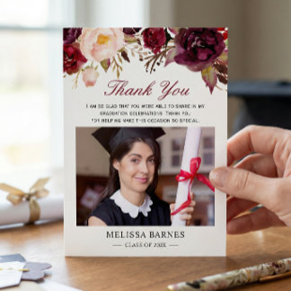 Burgundy Red Floral Graduation Photo Thank You Invitation