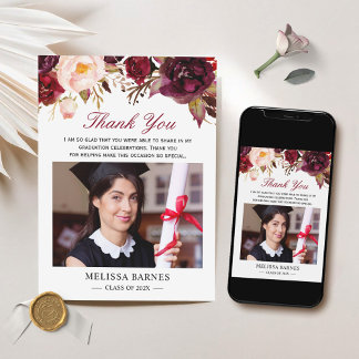 Burgundy Red Floral Graduation Photo Thank You Invitation