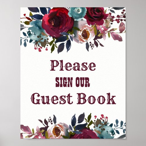 Burgundy Red Floral Guest Book Wedding Sign