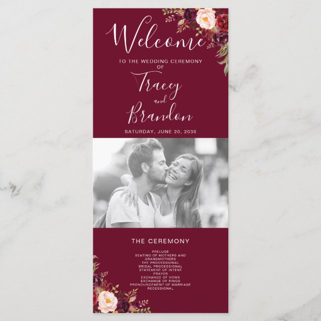 Burgundy Red Floral Hand Lettered Photo Wedding Program (Front)