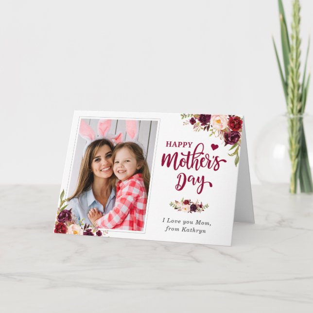 Burgundy Red Floral Happy Mother's Day Photo Card (Front)