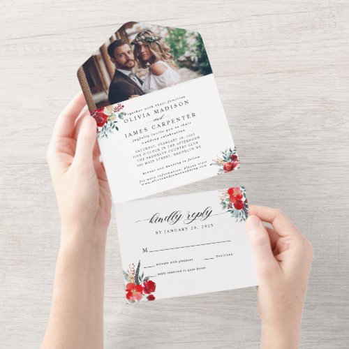 Burgundy Red Floral Holly Watercolor Photo Wedding All In One Invitation