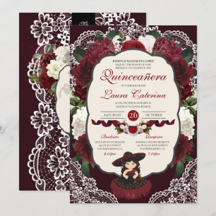 Burgundy Red Floral Lace Charro Quinceanera Invitation