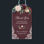 Burgundy Red Floral Lace Wedding Favor Thank You Gift Tags<br><div class="desc">Customize this "Burgundy Red Floral Lace Wedding Favor Thank You Gift Tag" to add a special touch. It's a perfect addition to match your colors and styles. (1) For further customization, please click the "customize further" link and use our design tool to modify this template. (2) If you need help...</div>