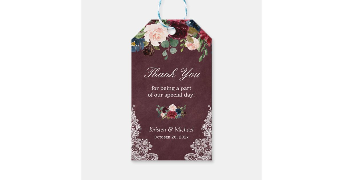 Burgundy Red Floral Lace Wedding Favor Thank You Gift Tags | Zazzle