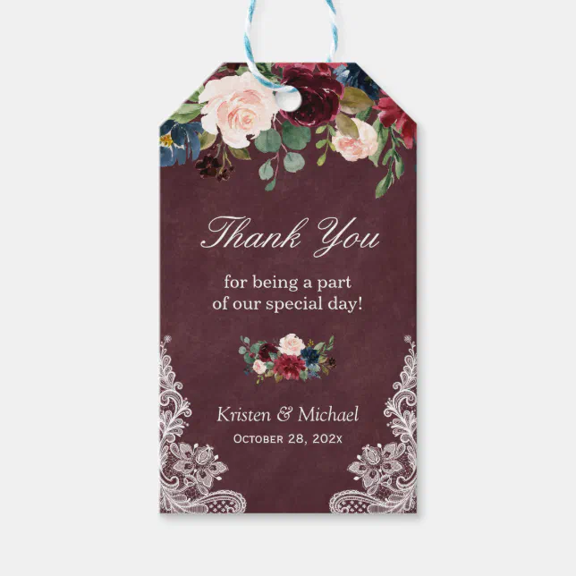 Burgundy Red Floral Lace Wedding Favor Thank You Gift Tags | Zazzle