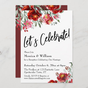 Burgundy Red Floral Let's Celebrate Typography Invitation