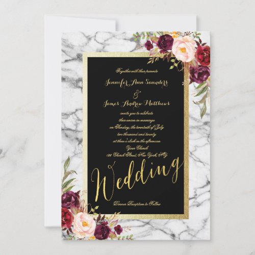 Burgundy Red Floral Marble Gold Script Wedding Invitation