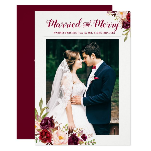 Burgundy Red Floral Married Merry Christmas Photo Card