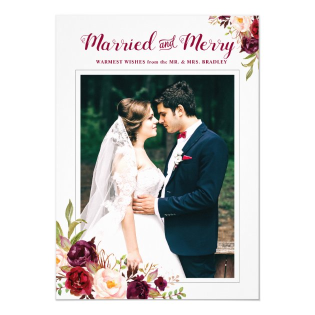 Burgundy Red Floral Married Merry Christmas Photo Card