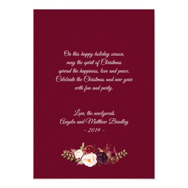 Burgundy Red Floral Married Merry Christmas Photo Card