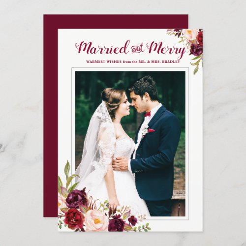 Burgundy Red Floral Married Merry Christmas Photo Invitation