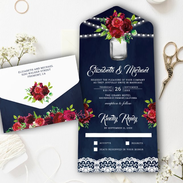 Burgundy Red Floral Mason Jar Navy Blue Wedding All In One Invitation (Creator Uploaded)