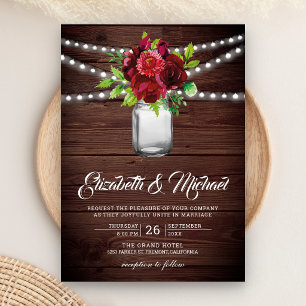 Burgundy Red Floral Mason Jar Wood Wedding Invitation