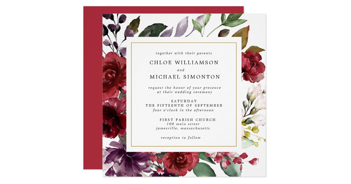 Burgundy Red Floral Modern Gold Frame Wedding Invitation Zazzle Com