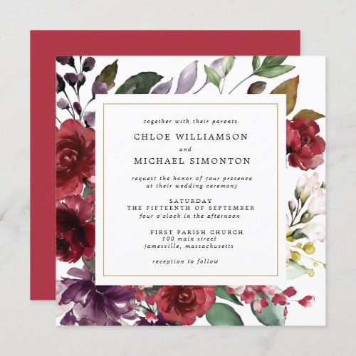 Burgundy Red Floral Modern Gold Frame Wedding Invitation