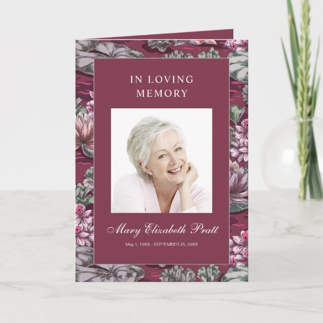 Burgundy Red Floral Multi-Photo Funeral Program (Front)