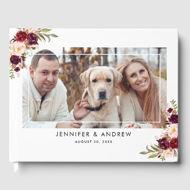 Burgundy Red Floral Names Date Photo Wedding Guest Book (Front)