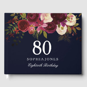 Burgundy Red Floral Navy 80th Birthday Guest Book