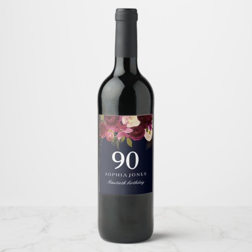 Burgundy Red Floral Navy 90th Birthday Party Wine Label