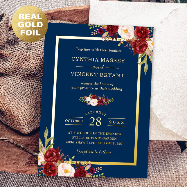 Burgundy Red Floral Navy Blue Gold Frame Wedding Foil Invitation | Zazzle