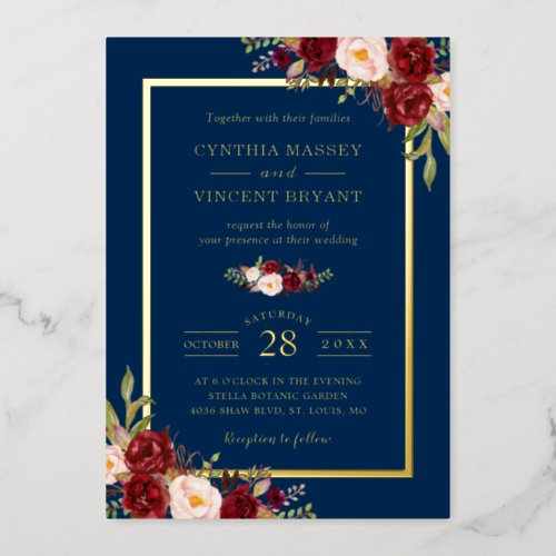 Burgundy Red Floral Navy Blue Gold Frame Wedding Foil Invitation