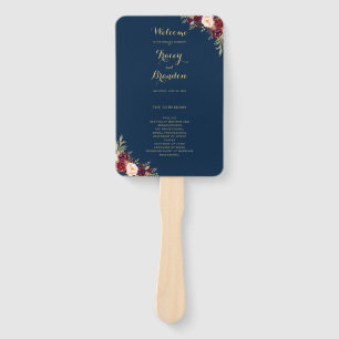 Burgundy Red Floral Navy Blue Gold Script Wedding Hand Fan