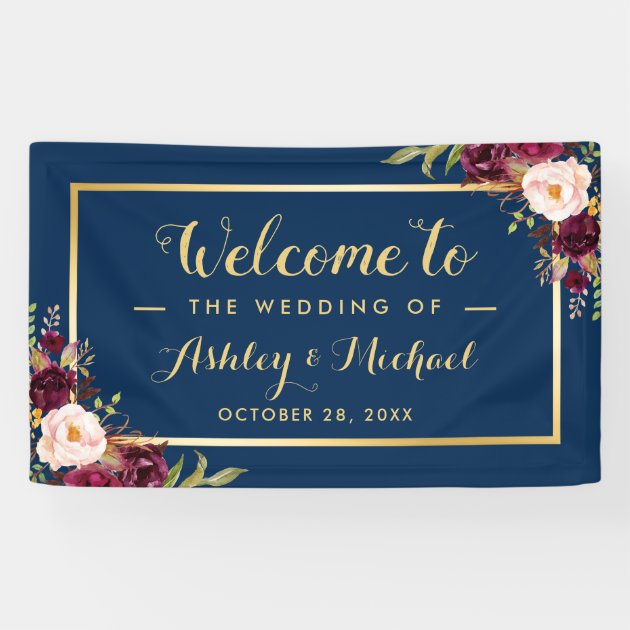 Burgundy Red Floral Navy Blue Gold Wedding Party Banner