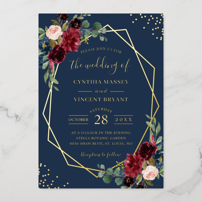 Burgundy Red Floral Navy Blue Premium Gold Wedding Foil Invitation