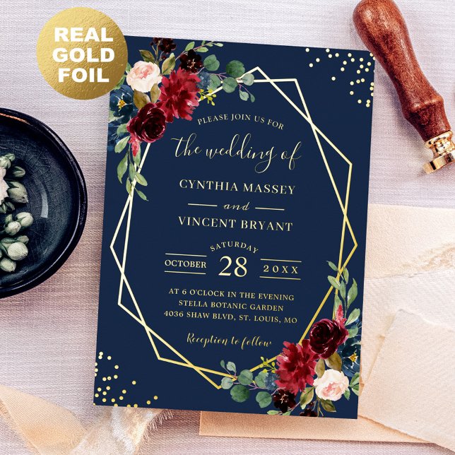 Burgundy Red Floral Navy Blue Premium Gold Wedding Foil Invitation (Creator Uploaded)